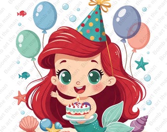 The Little Mermaid Birthday clipart, Princess Ariel Birthday design, transparent background