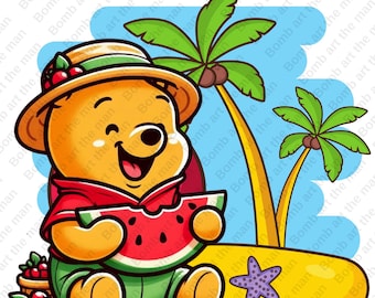 くまのプーさんの面白いクリップアート、スイカを食べるくまのプーさん、かわいい夏のクリップアート、すぐにダウンロード