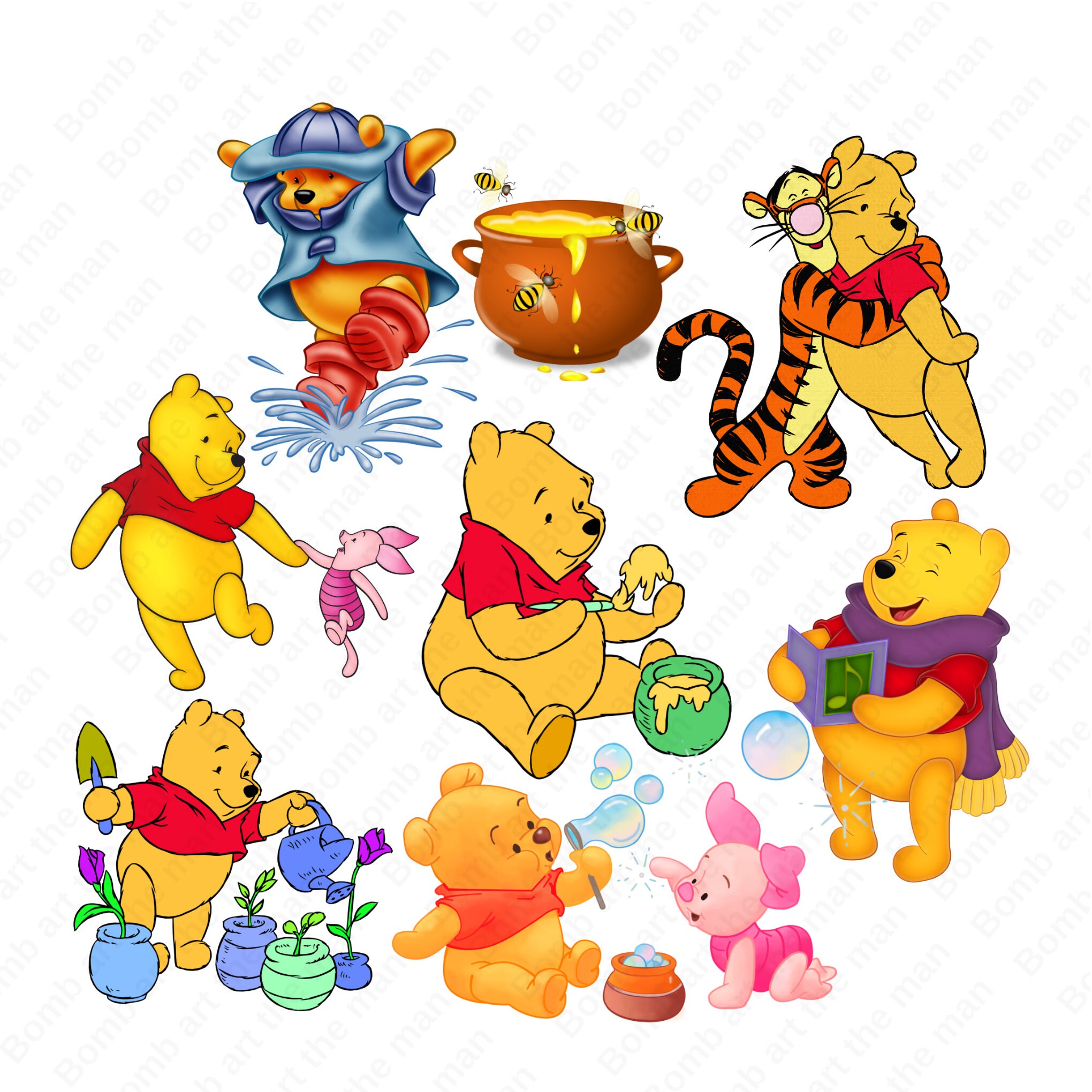 pacote png do ursinho Pooh, clipart de urso fofo, pacote png de urso de desenho animado, download instantâneo