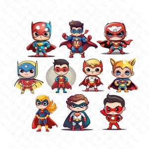 pacote de mini super heróis png, mini super heróis clipart, 10 peças de imagens transparentes, download instantâneo