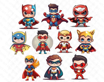 Mini Super heroes png bundle, Mini Super Hero clipart, 10 pcs transparent images, instant download