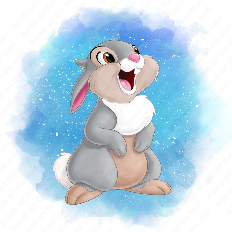 bambi thumper rabbit clipart, cute thumper png, watercolor background, instant download image 1