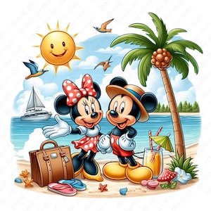 Imágenes prediseñadas de verano de Mickey Mouse y Minnie Mouse, imágenes prediseñadas de dibujos animados lindos, descarga instantánea