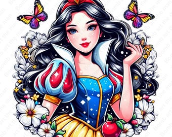 Op de afbeelding: Een cartoonillustratie van Sneeuwwitje, een Disney-prinses, met lang zwart haar, gekleed in een rood-blauwe jurk met een gele rok en een rood hoofdband. Ze houdt een rode appel in haar rechterhand. De achtergrond is een witte cirkel met witte bloemen en vlinders.
