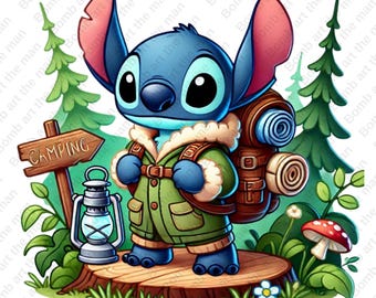 Imágenes prediseñadas de camping de Stitch, Stitch de viajero png, Stitch png, camping png, diseño transparente, descarga instantánea