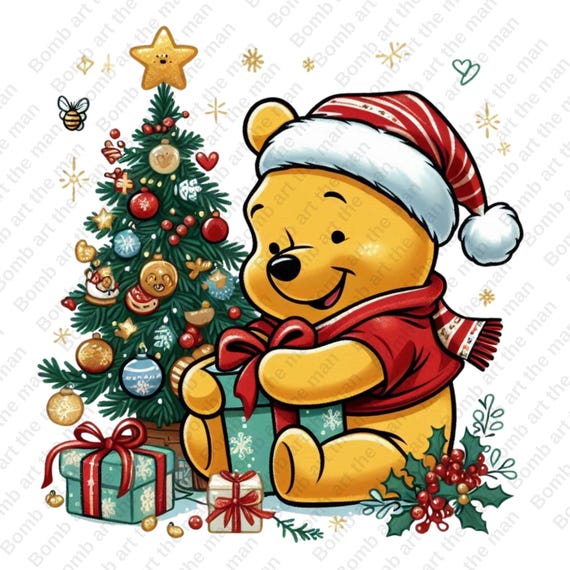 絵画。原画【クリスマスを迎えて可愛い熊ちゃん】 くまのプーさんのクリスマス クリップアート、かわいいクマの PNG