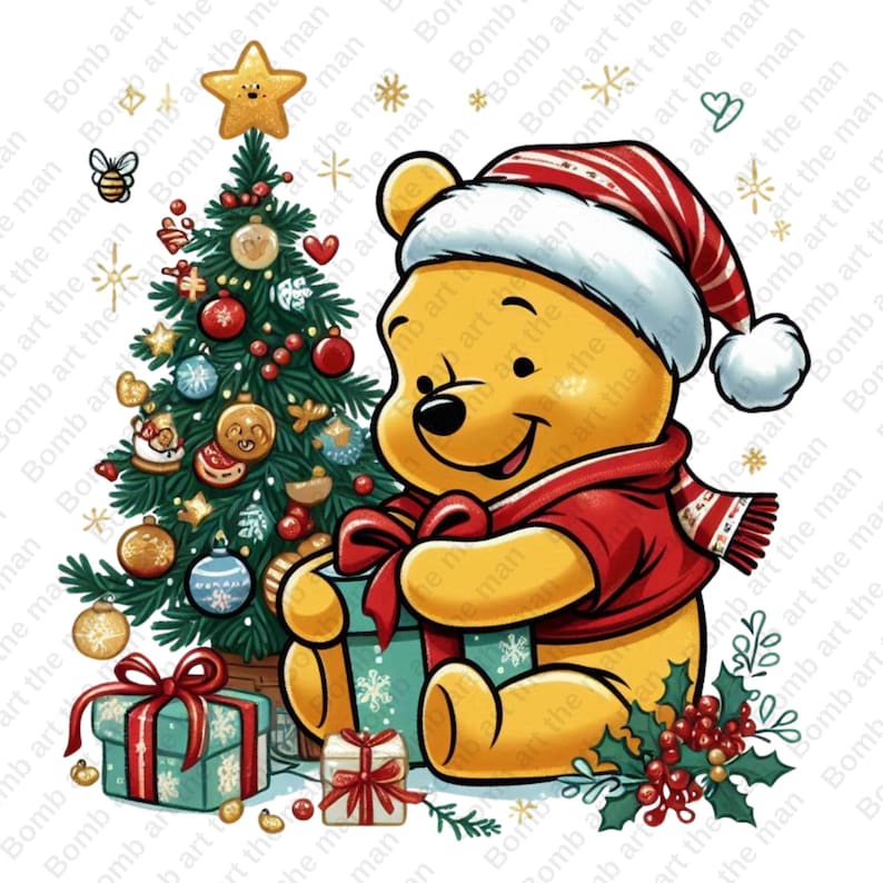 May include: A cartoon illustration of a yellow bear wearing a Santa hat and red scarf, holding a wrapped gift. A decorated Christmas tree and other presents are nearby. Festive holiday theme.