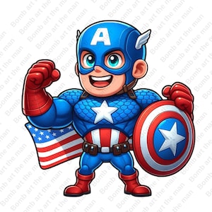 Clipart de bebê Capitão América, PNG fofo do Capitão América, design de super-herói, download instantâneo