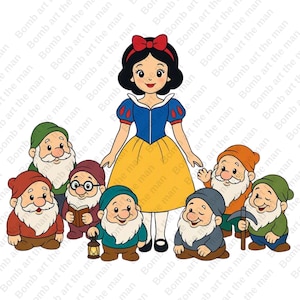 Può includere: Un'illustrazione a cartoni animati di un personaggio con capelli neri e un fiocco rosso, che indossa un vestito blu e giallo, circondato da sette piccole figure barbute con cappelli e tuniche colorate. Lo sfondo riporta il testo Bomb art the man.