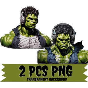 Hulk png, hulk com fone de ouvido, hulk clipart, 2 peças, imagem transparente, download instantâneo