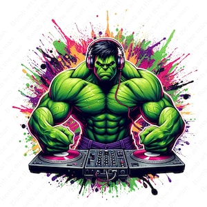 Hulk DJ clipart, DJ Hulk png, Super herói png, Hulk splash design, download instantâneo