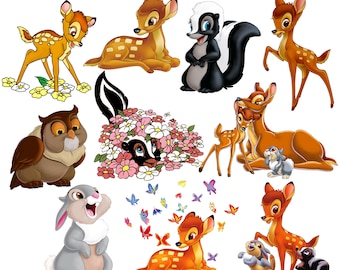 May include: A set of 10 colorful cartoon animal stickers featuring characters from the Disney movie Bambi. The stickers include Bambi, Thumper, Flower, a skunk, an owl, a rabbit, and a squirrel. The stickers are perfect for adding a touch of whimsy to any project.