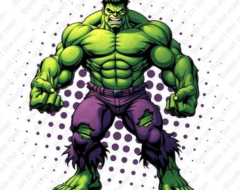 May include: Illustration of the Hulk, a green, muscular character, with a fierce expression. He wears purple trousers with ripped sections. The background has a pattern of purple dots. The image is a bold, comic-style design.