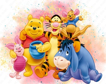 Winnie the pooh png, Winnie the pooh characters, watercolor background, transparent design, instant download