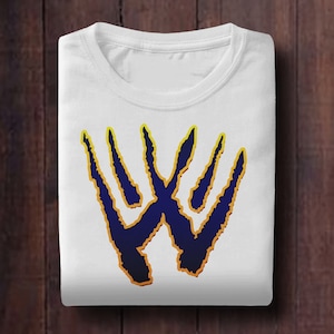 May include: White t-shirt with a blue and yellow graphic of a stylized "W" design.