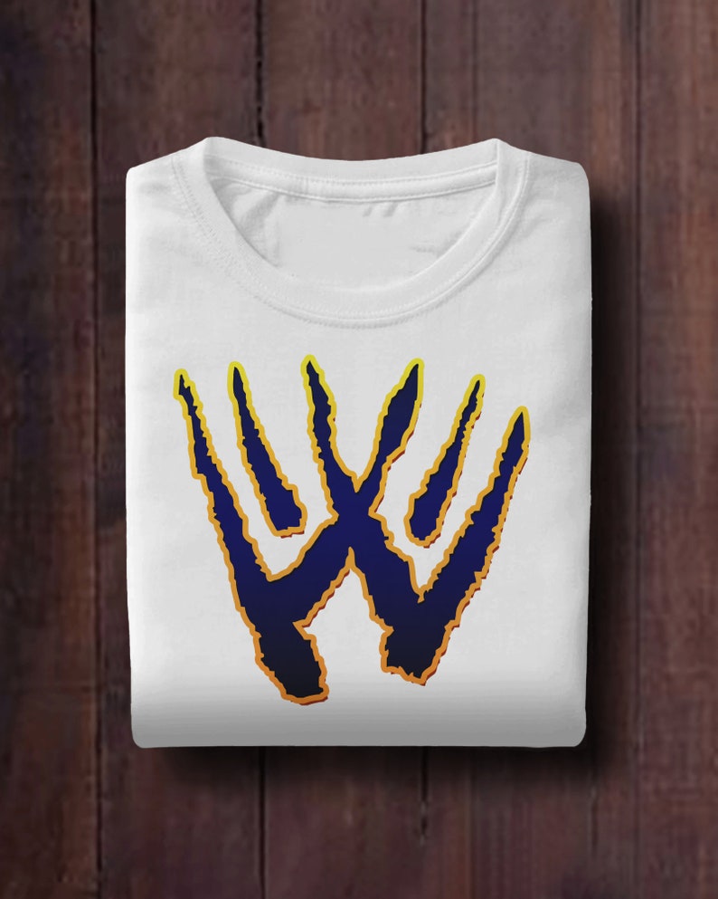 May include: White t-shirt with a blue and yellow graphic of a stylized "W" design.