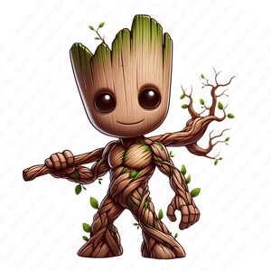 以下が含まれることがあります： 映画「ガーディアンズ・オブ・ギャラクシー」シリーズの緑と茶色のグルートのキャラクターの漫画イラスト。グルートは腕を伸ばして立ち、右手に枝を持っています。彼は友好的な表情をしています。