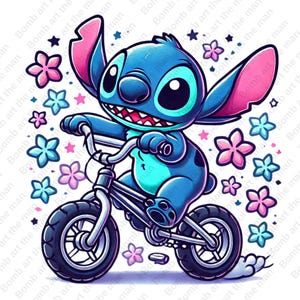 stitch bike clipart, stitch bike png, cute cartoon character, transparent design, instant download