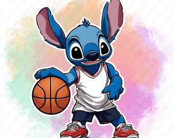 cute stitch clipart, stitch basketball player, watercolor background, instant download