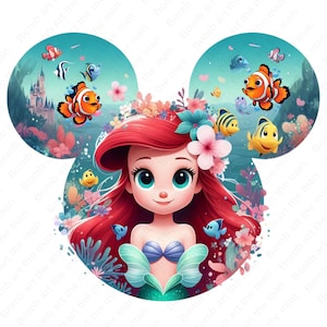 Princess ariel png, the little mermaid clipart, mouse ear design, instant download