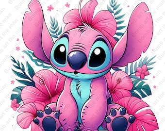 May include: A pink cartoon character with large ears and big eyes, surrounded by pink hibiscus flowers and tropical leaves. The character has blue accents and is sitting with its paws forward, creating a vibrant and playful design.