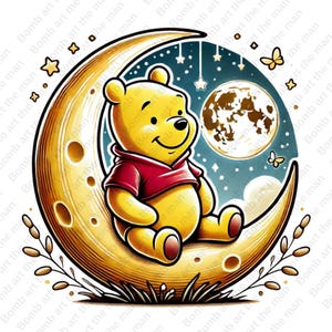Winnie the Pooh on the Moon clipart, winnie the pooh png, cute bear clipart, transparent design, instant download