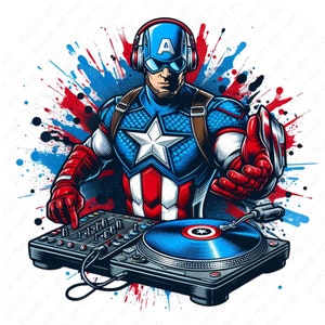 Capitão América DJ clipart, DJ Capitão América png, Super herói png, Design de respingo de herói, download instantâneo