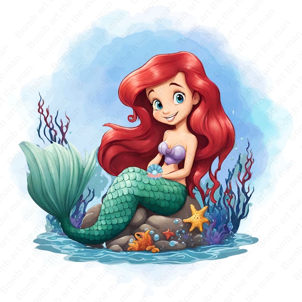 Princess ariel png, the little mermaid clipart, watercolor background, instant download