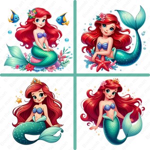 Little Mermaid cute clipart, Princess Ariel png bundle, The Little Mermaid png bundle, 4 Pack design