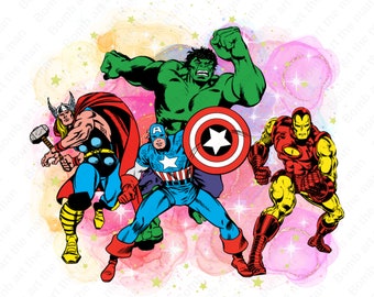 Super Heroes clipart, watercolor background, Hulk png, İron Man png, Captain America png, instant download