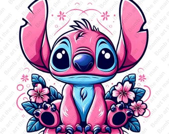 May include: A pink and blue cartoon Stitch character with big eyes and a friendly expression. Stitch is sitting on a bed of pink flowers with green leaves.