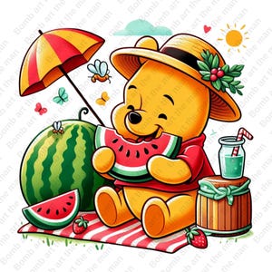 winnie the pooh funny clipart, winnie the pooh eating watermelon, cute summer clipart, instant download