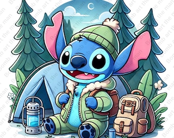 Stitch camping clipart, schattige steek png, schattige stripfiguur, transparant ontwerp, instant download
