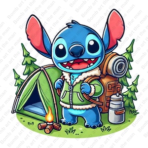 stitch camping clipart, cute stitch png, cute cartoon character, transparent design, instant download