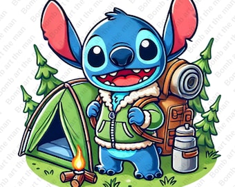 Stitch Camping clipart, schattige steek png, schattige stripfiguur, transparant ontwerp, instant download