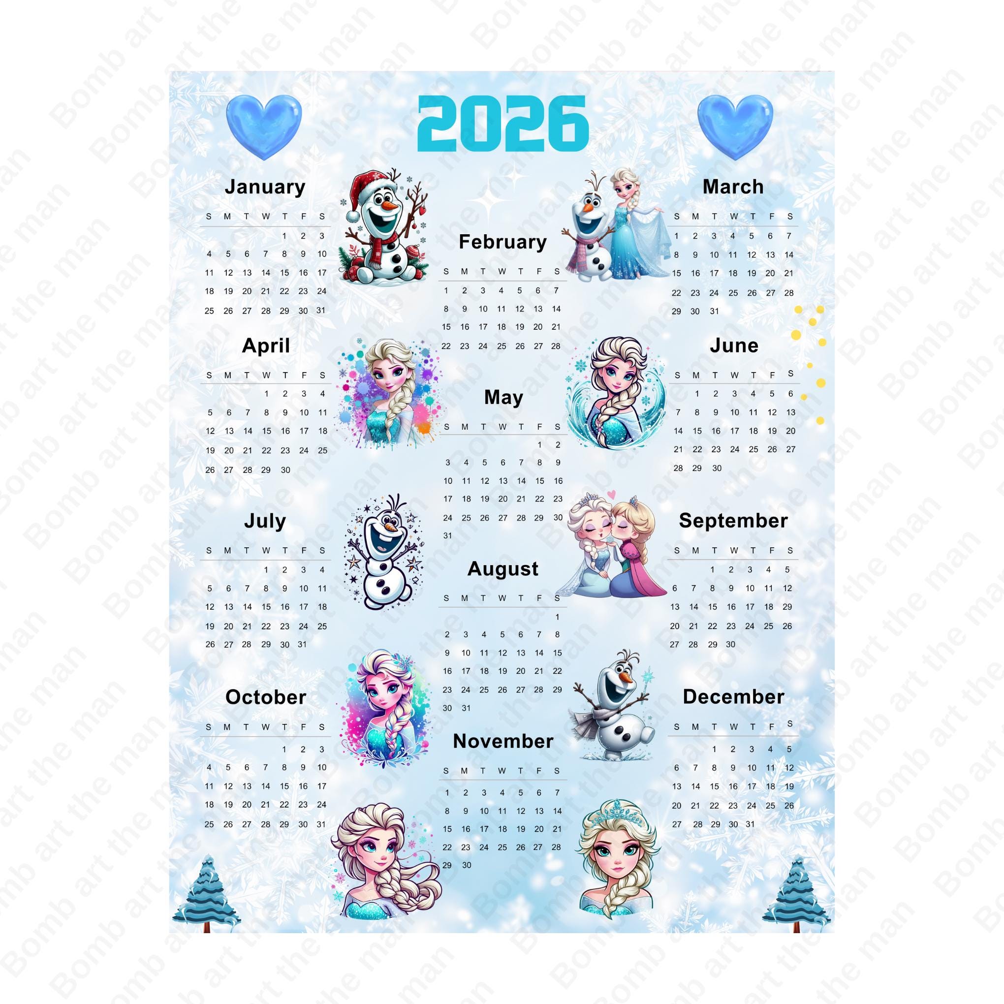 2026 Calendar, Frozen Calendar, Printable Kids Calendar, Princess
