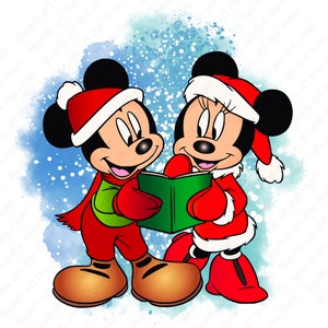 mickey mouse and minnie mouse christmas clipart, cartoon christmas png, watercolor background, instant download