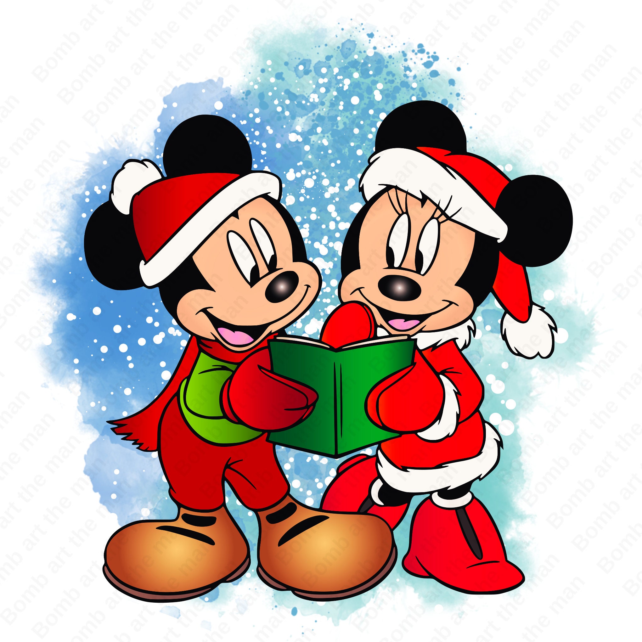 mickey mouse and minnie mouse christmas clipart, cartoon christmas png, watercolor background, instant download