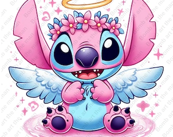 Könnte beinhalten: Cartoon-Illustration eines rosa und blauen Alien-Charakters mit Engelsflügeln, Heiligenschein und Blumenkranz. Die Figur lächelt und sitzt auf einem rosa Kreis, umgeben von rosa Sternen.