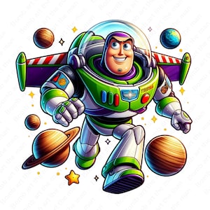 Può includere: Un'illustrazione di cartone animato di Buzz Lightyear, un ranger spaziale del franchise Toy Story, che vola nello spazio. Indossa la sua tuta spaziale verde e bianca caratteristica con un casco viola e una visiera rossa. È circondato da stelle e pianeti, tra cui un pianeta marrone con anelli.
