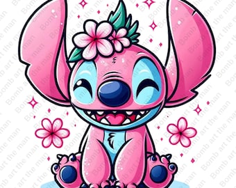 May include: A cartoon illustration of a pink alien character with large ears, blue accents, and a floral crown. The character is smiling with a heart-shaped tongue, surrounded by pink flowers and sparkling stars.