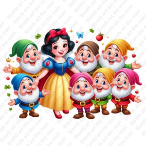 Può includere: Un'illustrazione digitale che raffigura un personaggio femminile centrale con capelli neri, un fiocco rosso, un corpetto blu e una gonna gialla, circondato da sette piccole figure barbute che indossano tuniche e cappelli colorati, con mele, foglie e farfalle.