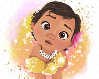 baby moana clipart, baby moana png, watercolor background, instant download