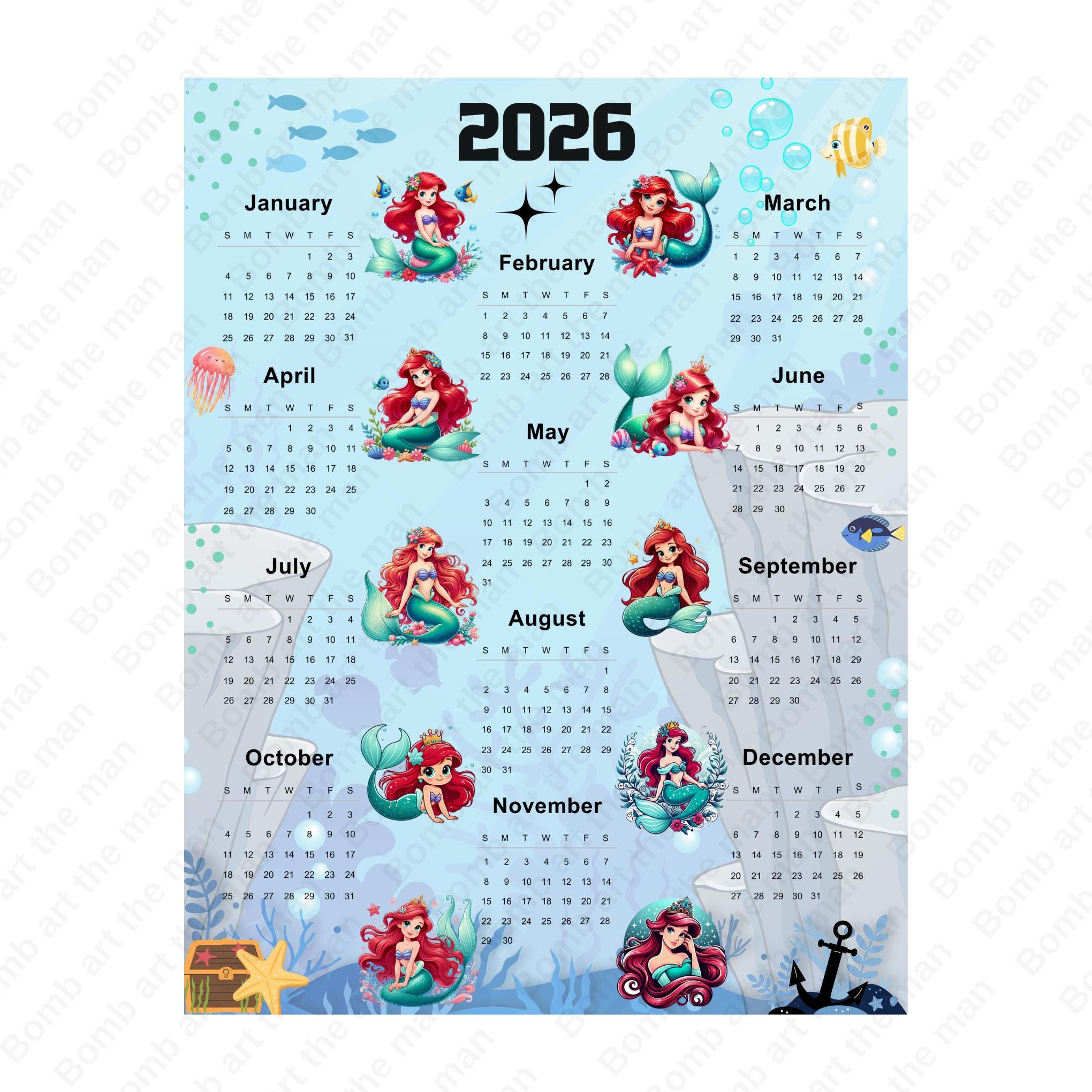 2026年カレンダー、プリンセスアリエルカレンダー、印刷可能な子供用