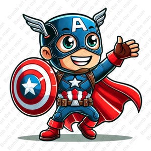Clipart de bebê Capitão América, PNG fofo do Capitão América, design de super-herói, download instantâneo