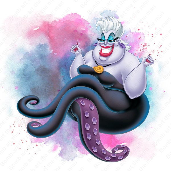 villain ursula clipart, princess ariel png, sea witch png, watercolor background, instant download