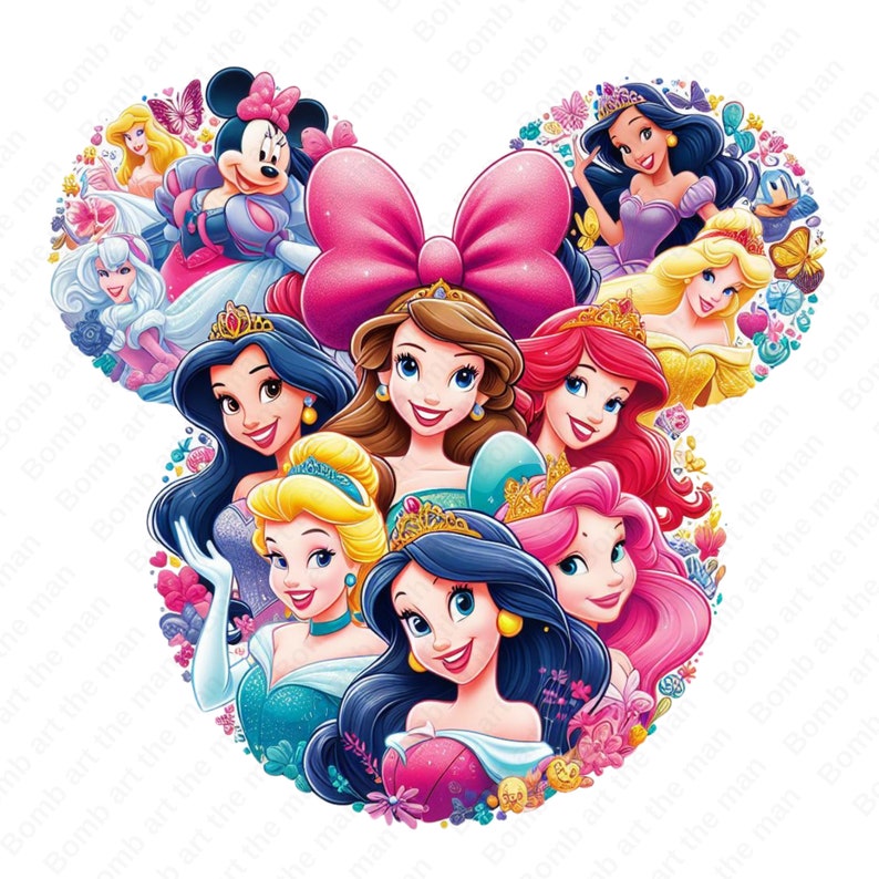 May include: A colorful illustration of Disney princesses in a Mickey Mouse head shape. The princesses include Cinderella, Ariel, Belle, Jasmine, Snow White, Aurora, and Rapunzel. The image is surrounded by flowers and butterflies.