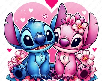 May include: A blue and pink cartoon couple, Stitch and Angel, are sitting together on a pink heart background with pink flowers. They are both smiling and looking at each other.