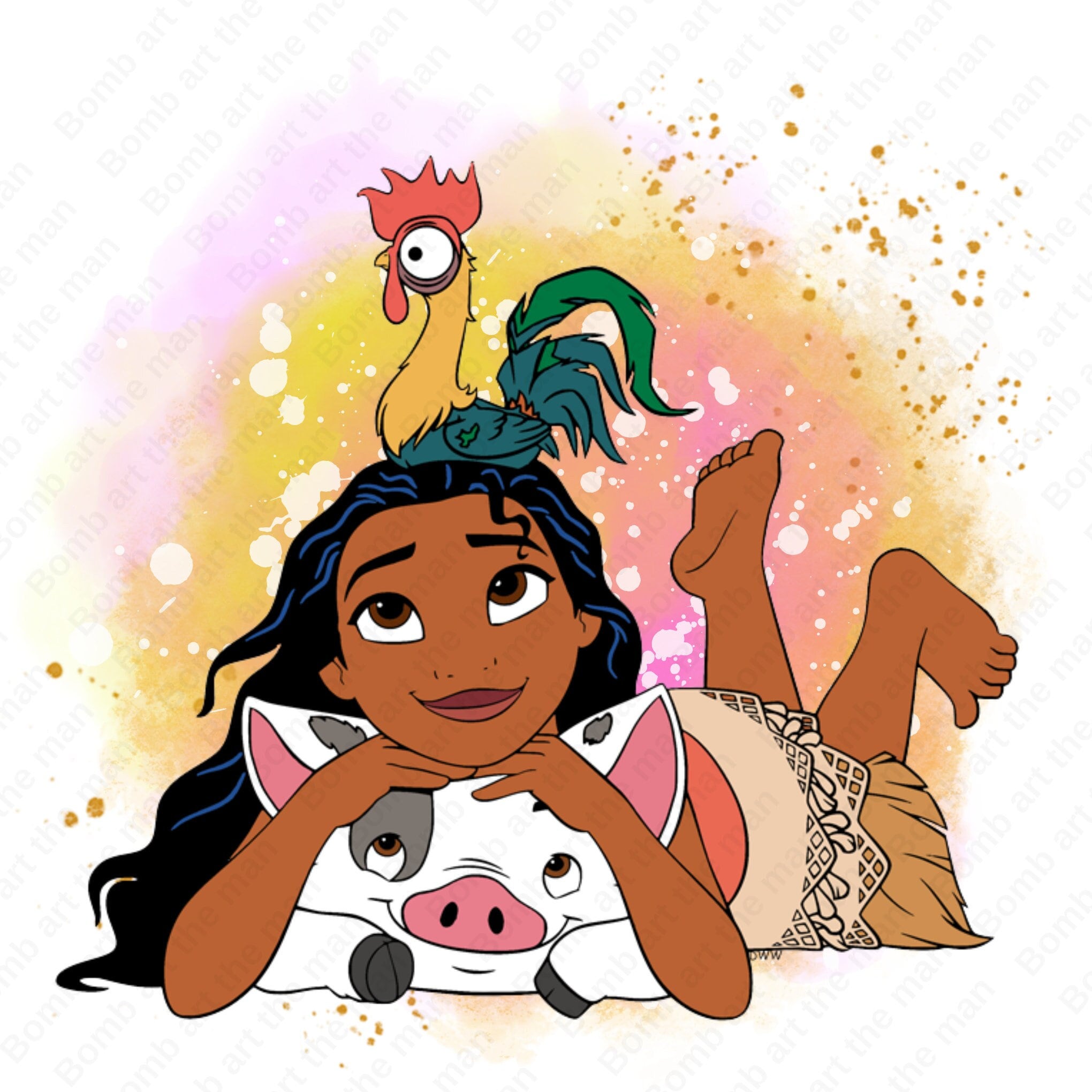 Princess Moana clipart, Moana png, Hei Hei png, Pua Pig png, watercolor background, instant download