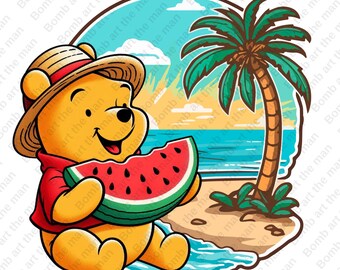 くまのプーさんの面白いクリップアート、スイカを食べるくまのプーさん、かわいい夏のクリップアート、すぐにダウンロード